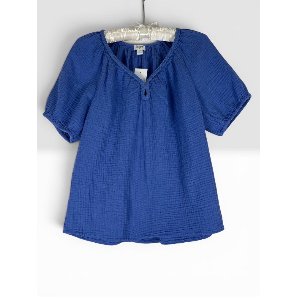 J.Crew Gauze Cotton Peasant Blouse Top XS Blue Boho Coastal Chic Euro Summer - Picture 2 of 9
